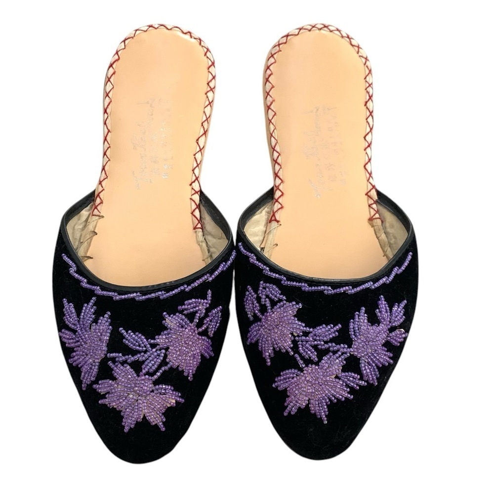 Vintage 5 lavender velvet beaded slides slippers boho Asian hippie traditional‌
